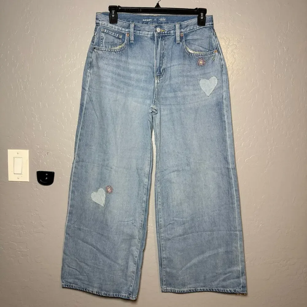 Old Navy Super Baggy Wide-Leg Embroidered Jeans for Girls 20, Light Wash 767099